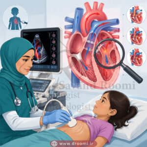 تصویر وکتور پزشکی از متخصص قلب کودکان زن با حجاب بالینی در حال انجام اکو روی کودک، همراه با قلب آناتومیک شفاف و مسیرهای جریان خون.