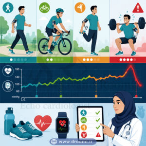 تصویر پزشکی از بیمار در حال پیاده‌روی، دوچرخه‌سواری، حرکات کششی و ورزش سنگین با کاف ABPM، همراه با نمودار افزایش طبیعی و جهش هشداردهنده فشار خون