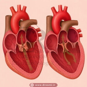 تصویر پزشکی از دو وضعیت دریچه قلب؛ یک سمت نشاندهنده تنگی دریچه با باز شدن ناقص و سمت دیگر نشاندهنده نارسایی دریچه با برگشت جریان خون.