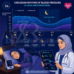 تصویر وکتور پزشکی از بیمار در حال خواب با کاف هولتر فشار خون، مانیتور کنار تخت، نماد ماه و نمودار ۲۴ ساعته کاهش طبیعی فشار خون در شب
