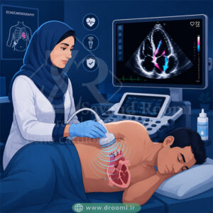 تصویر وکتور پزشکی از بیمار درازکش به پهلوی چپ روی تخت اکو، در حالی که پزشک پروب را با ژل روی قفسه سینه قرار داده و مانیتور تصویر زنده قلب را نشان میدهد.