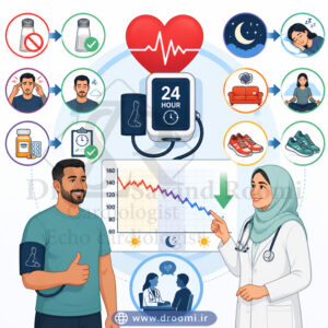 تصویر اینفوگرافیک پزشکی از دستگاه ABPM متصل به قلب و نمودار فشار خون رو به بهبود، همراه با نمادهای کاهش نمک، خواب بهتر، پیاده‌روی، کنترل استرس، یادآور دارو و مشاوره پزشک
