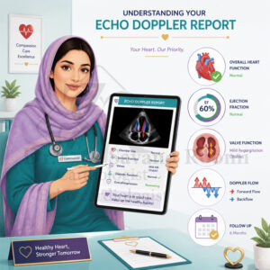 صویر وکتور پزشکی از متخصص قلب در حال توضیح گزارش اکو داپلر به بیمار با نمادهای EF، جریان خون داپلر، وضعیت دریچهها و برنامه پیگیری