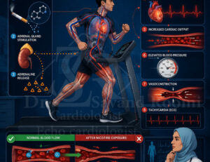 نمایش اثر نیکوتین بر افزایش ضربان قلب، بالا رفتن فشار خون و تنگ شدن عروق در حین تست ورزش