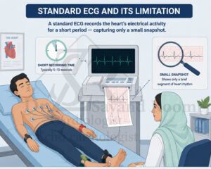 تصویر وکتور پزشکی از بیمار روی تخت معاینه با الکترودهای نوار قلب، دستگاه ECG، نوار کوتاه ضربان قلب، آیکون ساعت و ذره‌بین روی بخش کوتاهی از ریتم قلب.