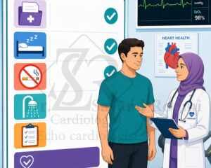 چکلیست پزشکی شامل نمادهای پرونده بیمار، خواب کافی، عدم مصرف دخانیات، بهداشت فردی و آمادگی روز تست در کنار متخصص قلب