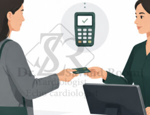 تصویر وکتور از بخش پذیرش کلینیک با آیکونهای دیجیتال تایید نوبت و پرداخت.
