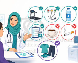متخصص قلب در حال راهنمایی بیمار با آیکونهای شناور تردمیل، نوار قلب، بطن آب، دارو و ممنوعیت قهوه و سیگار