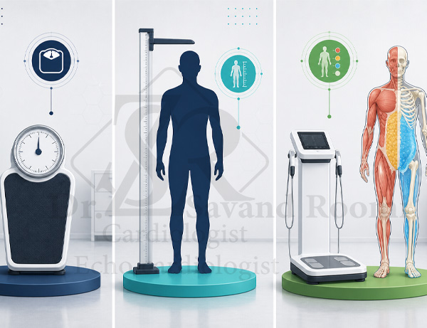 اینفوگرافیک مقایسه‌ای: روش‌های سنجش وزن، شاخص توده بدنی (BMI) و آنالیز تخصصی ترکیب بدنی در کلینیک.