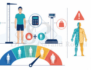 اینفوگرافیک BMI با نشانگرهای وزنی و محدوده شاخص‌های توده بدنی، همراه با هشدار عدم تمایز عضله از چربی.