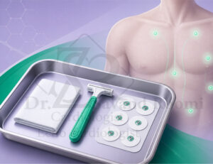 تجهیزات کلینیکی شامل پد آماده‌سازی پوست، تیغ پزشکی و الکترودهای چسبنده ECG برای تست‌های قلبی.