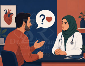 تصویر وکتور از مشاوره پزشکی بین متخصص قلب و بیمار در محیط کلینیک مدرن.