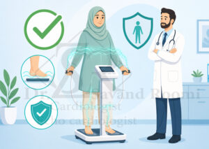 تصویر مفهومی از ایمنی تست BIA با نمایش جریان ملایم الکتریکی، تاییدیه ایمنی و راحتی بیمار در حین تست.