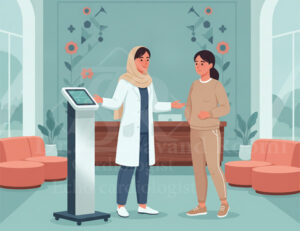 تصویر پزشک در حال مشاوره و استفاده از دستگاه آنالیز ترکیب بدنی در کلینیک مدرن.