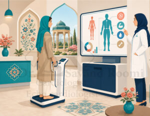 محیط کلینیک با تجهیزات پیشرفته آنالیز بدنی و المان‌های معماری سنتی ایرانی برای ایجاد فضایی آرام.