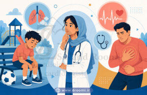 تصویر خستگی کودک و palpitation بزرگسال با پزشک در حال ارزیابی علائم بالینی.