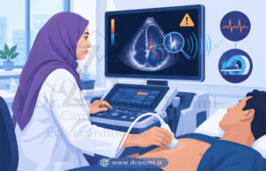 پزشک در حال انجام اکوکاردیوگرافی با نمایش تصویر ناقص قلب و نماد بررسی‌های تکمیلی.
