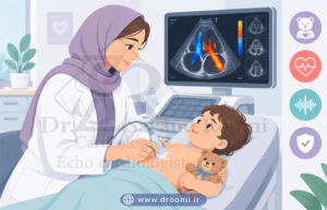 کاردیولوژیست در حال اسکیل قلب کودک با نمایش جریان دوپلر و آیکون‌های ایمنی.