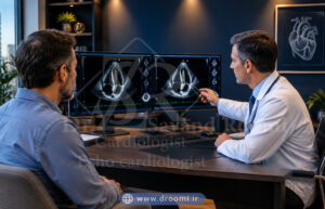 جلسه ویزیت بیمار بزرگسال با متخصص قلب در مطب و بررسی نتایج اکوی دیواره بطن روی مانیتور