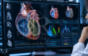 پزشک متخصص در حال بررسی اندازهگیریهای سهبعدی و کسر تخلیه قلب روی مانیتور ایستگاه کاری