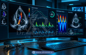 مانیتور پیشرفته پزشکی در حال نمایش نمودارهای کسر تخلیه و اندازه‌گیری میلی‌متری ابعاد نقص دیواره قلب