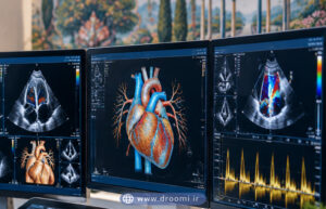 پزشک فوق‌تخصص قلب در حال آنالیز جریان داپلر و اتصالات عروقی در کلینیک مدرن با المان‌های معماری شیراز