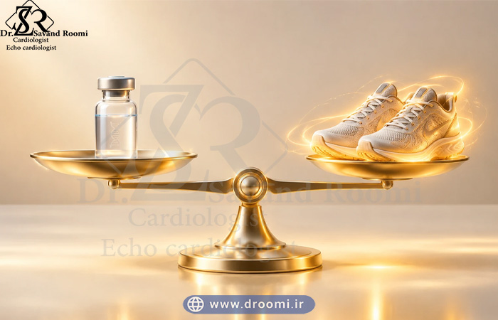 رندر سه‌بعدی از یک ترازوی درخشان که در یک کفه آن ویال دارویی و در کفه دیگر کفش ورزشی درخشان قرار دارد.