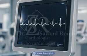 نمای نزدیک از مانیتور پزشکی با یک خط نوار قلب (ECG) کاملاً منظم و سالم در محیط یک باشگاه ورزشی